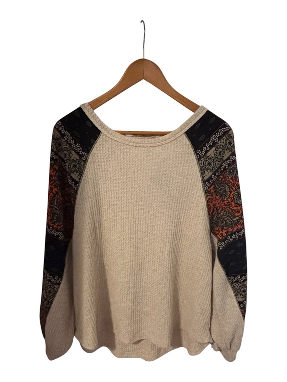 Women's Long Sleeve Waffle Knit Daytrip, Size Small, Beige, Boho Pattern Sleeves